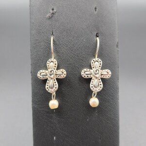 Sterling Silver Cross Religious Faux Pearl Dangle Earrings A6307